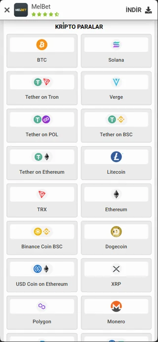 Melbet kripto para yöntemleri mobil ekran